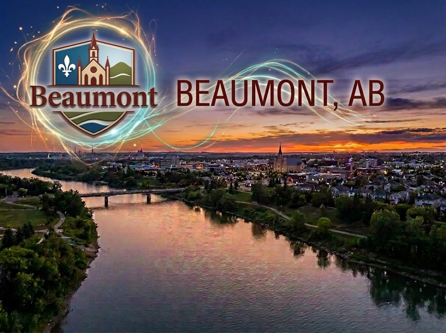 Aerial view of Beaumont, AB at dusk