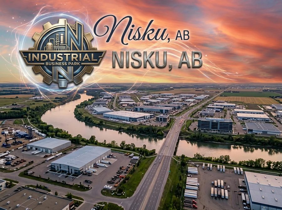 Aerial view of the Nisku Industrial Business Park, AB at dusk