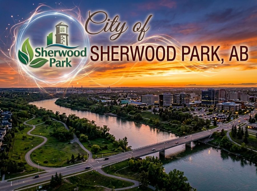 Aerial view of Sherwood Park, AB at dusk