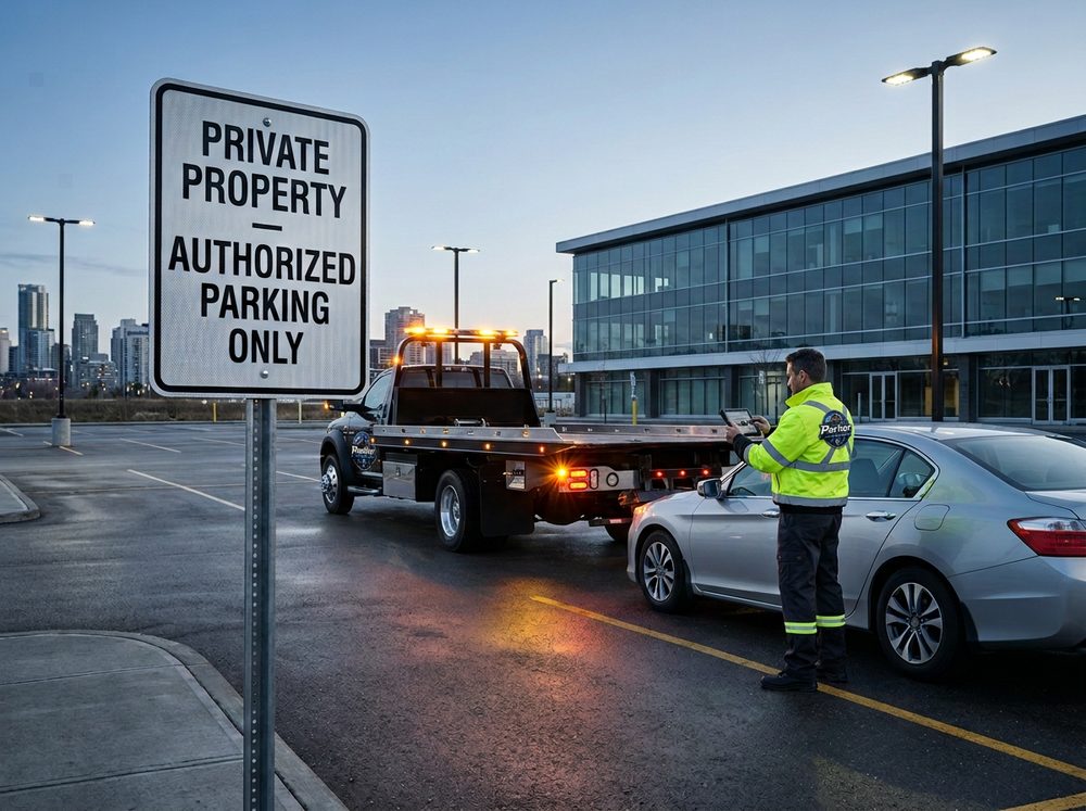 A Parker Tow & GO operator documenting a private property tow beside a flatbed truck and a "Private Property — Authorized Parking Only" sign